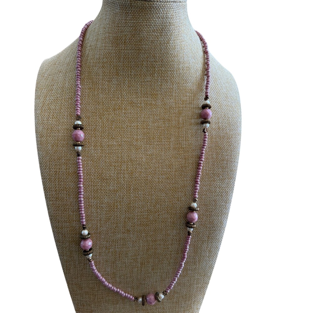 Handmade Beaded Necklace Mauve Dusty Rose Faux Pearl Gold Tone Barrel Clasp